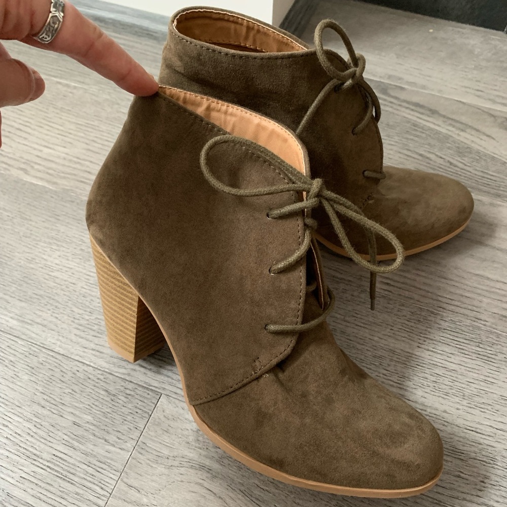 Dark Green Lace up heel/wedge booties.